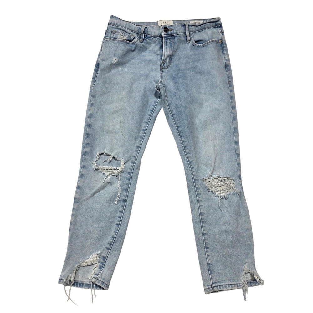 FRAME Le Garcon Crop Jeans Womens 26 Blue Cotton Distressed Raw Hem